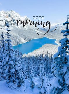 the words good morning are surrounded by snow covered trees