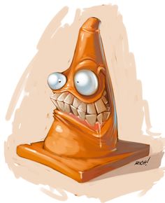 an orange cone with eyes and mouth is shown in this cartoon character's drawing