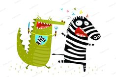 Zebra Running, Crocodile Eating, Zebra Cartoon, Crocodile Illustration, Fun Animals, Crocodiles, Illustration Character Design, Cool Cartoons