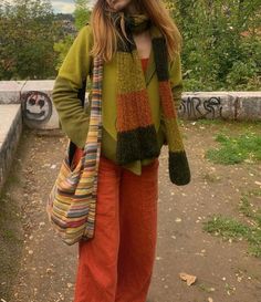 Whimsical Aesthetic Fashion, Whimsy Winter Outfit, Warm Autumn Outfits Aesthetic, Whimsy Aesthetic Outfits, Folksy Outfit, Autumn Hippie Outfits, Funky Sweaters Outfit, Cluttercore Outfit, Artsy Winter Outfits