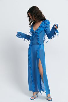 Plunging Neck Ruffle Trim Split Hem Maxi Dress|SOLADO– Solado Ruffled Gown, Split Hem Dress, Plunging Neck, Perfect Wardrobe, Neck Ruffle, Hem Dress, Split Hem, Blue Hues, Ruffle Trim