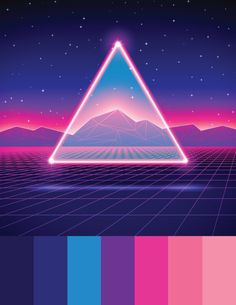 an image of a triangle with mountains in the background and colors that appear to be pink