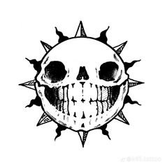 a black and white drawing of a skull with spikes on it's head, in the shape of a sun