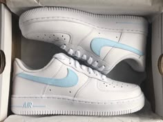 These custom hand painted Nike Air Force 1 sneakers feature a Light Blue color theme that helps you feel special! ★ Painted with acrylic leather paint and topped with a finished to ensure quality, durability, and long wear (waterproof, scratch proof, and dull-proof). ★ Sizes are in US. ★ These shoes are hand painted. ★ In the case that these shoes need to be washed, wetting a cloth and hand washing them is recommended, however they can be put in the wash set on delicate. Feel free to contact us for any questions you may have :) Check out our other products: https://www.etsy.com/shop/slatscustomsco Shoes Air Force 1s Nike, Cute Cheap Blue Sneakers, Blue Shoes Air Force, Nike Air For 1s, Color Air Forces Cheap Less Than $100, Nike Air Force One Blue, Nike Air Force 1blau, Baby Blue Shoes Nike, Light Blue Air Force 1