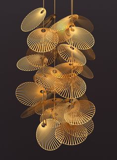 the cover of leaf lighting installation by studio lucd design team, featuring gold parasols