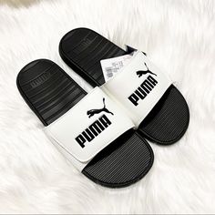 Nwt Size 12 White/Black Slip On. Slip Off. Featuring A Lightweight Eva Outsole And Textured Foot Bed With Padded Strap For Optimal Comfort. Puma Flip Flops, Puma Shoes Mens, Puma Sandals, Puma Slides, White Slides Sandals, Mens Slide Sandals, Boys Slippers, Shoes Puma, Slide Slippers