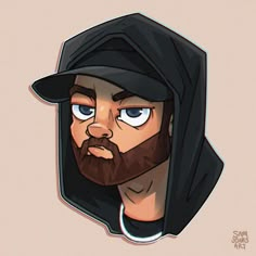 a drawing of a man with a beard wearing a black hat and hoodie over his head