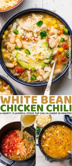 white bean chicken chili in a blue bowl with two spoons next to it and the title overlay reads, white bean chicken chili