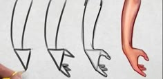 the drawing shows how to draw an arm and hand with different angles, from left to right