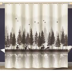 a shower curtain with trees and animals in the woods on it's side, along with birds flying over water