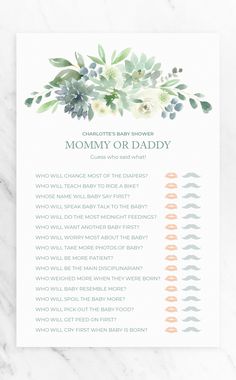 Succulent Mommy or Daddy Baby Shower Game - ARRA Creative Mommy Or Daddy Game Questions, Mommy Or Daddy Baby Shower Game, Baby Shower Question Game, Baby Shower Ideas Simple, Easy Baby Shower Decorations, Baby Shower At Home, Simple Baby Shower Ideas, Watercolour Bouquet