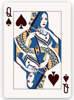 a playing card with the queen of spades in blue and gold on white background