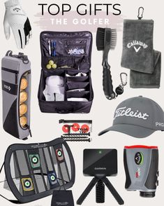 the top gifts for golf fans are in this image, including a hat, gloves, and other items