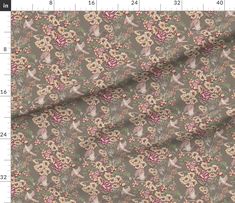 an image of a fabric with flowers and fairy figures on the side, as well as measurements