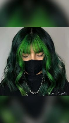 Dark Green And Lime Green Hair, Emerald And Neon Green Hair, 2 Tone Green Hair, Shego Hair Color, Lime Green Hair Streaks, Black Blue Green Hair, Multi Green Hair, Green To Purple Hair, Lime Green Money Piece Hair