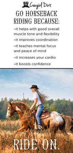 a woman riding on the back of a brown horse in a field with text that reads, go horseback riding because it helps with god overall