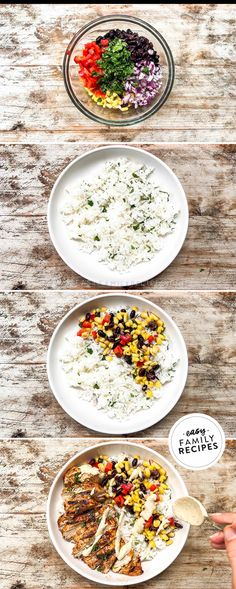 three plates with different types of food on them, one is filled with rice and the other has vegetables