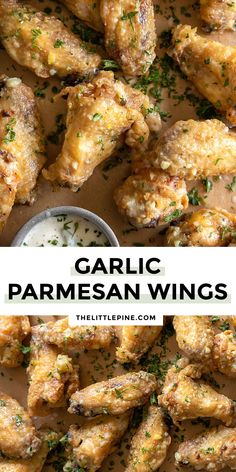 garlic parmesan wings with ranch dressing in the middle and text overlay that reads garlic parmesan wings