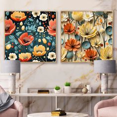 two floral paintings on the wall in a living room