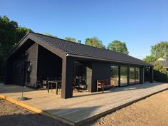 a wooden deck with chairs and tables next to a black building on the side of a dirt field