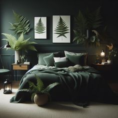 a bedroom with dark green walls and plants on the wall, bedding is made up