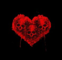 three skulls in the shape of a heart on a black background with red splatters