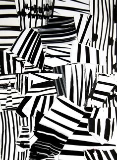 black and white striped fabric hanging from the ceiling in an art gallery, with lines drawn on it