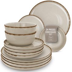 the dinnerware set is white with brown stripes