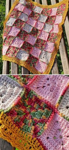 crocheted granny afghans sitting on top of a wooden bench