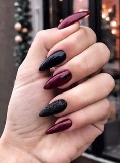 Dark Colour Nails Designs, Dark Red And Black Nails, Party Nails New Years Eve, Black And Purple Nails, Spring Acrylic Nails, Nail Polishes, Matte Nails, 가을 패션, Purple Nails