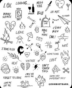 some black and white doodles with different things on the page, including words that say love