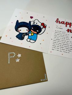 two greeting cards with the words happy new year written on them and an image of a cat hugging each other