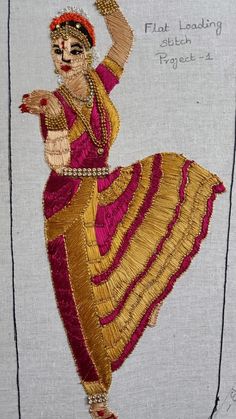 a woman in a red and gold dress is dancing with her arms spread out to the side