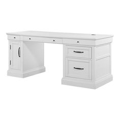 a white desk with two drawers and one drawer on the bottom, in front of a white background