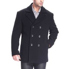 Warm wool blend pea coat is shaped in a classic double-breasted cut. Single-button cuffs complete the tailored style. Insulated polyester filling adds extra warmth for cold winter. Double Breasted Overcoat, Long Peacoat, Tailored Style, Winter Overcoat, Outwear Fashion, Long Sleeve Denim Jacket, Winter Outwear, Peacoat Jacket, Wool Peacoat