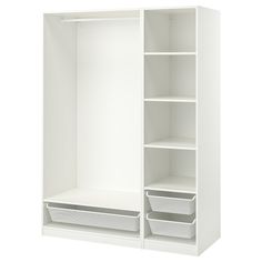 a white closet with shelves and baskets on the bottom shelf, isolated against a white background