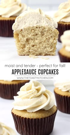 some cupcakes with frosting on top and the words applesauce cupcakes with browned butter frosting