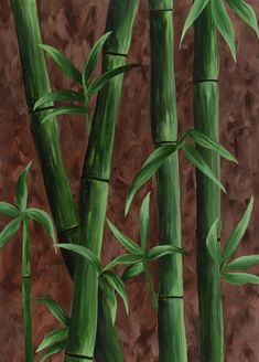 an oil painting of green bamboo stalks against a brown background