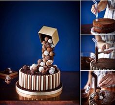 a person cutting into a chocolate cake on top of a wooden table next to other pictures