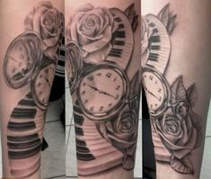 three different views of a tattoo with roses and clocks on it's thighs