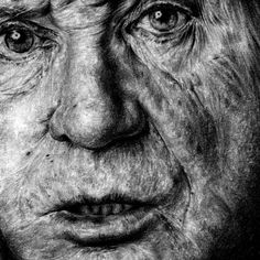 a black and white drawing of an old man's face with wrinkles on his eyes