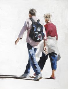 an oil painting of two people walking together