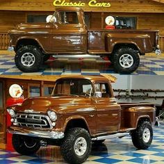 two pictures of an old pickup truck on display