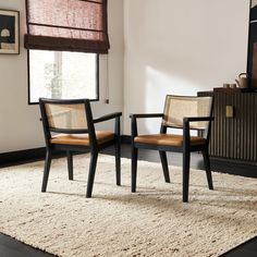 two chairs sitting on top of a rug in a room