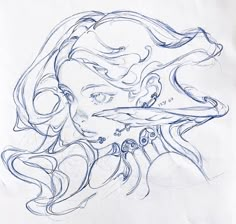 a drawing of a woman's face with hair blowing in the wind