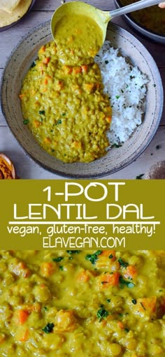 a bowl filled with lentils and rice next to a plate full of tortillas