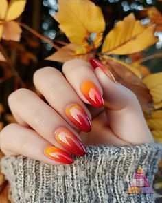 Red Yellow Nails Art Designs, Sunset Nail Ideas, Nails 2024 Yellow, Red Orange And Yellow Nails, Orange Cateye Nails, Orange Red Nails Design, Yellow Red Nails, Yellow And Orange Nails Design, Sunset Orange Nails