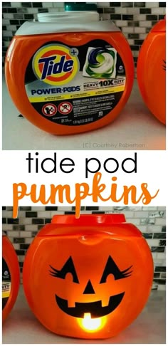 an orange pumpkin shaped container is shown with the words tide pod pumpkins on it