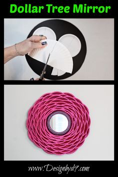 top: cutting paper plates with scissors over black circle. Bottom: hot pink blossom style diy mirror Dollar Tree Mirrors, Tree Mirror, Pink Diy, Tree Project