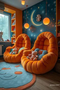 two children's room with orange chairs and teddy bears